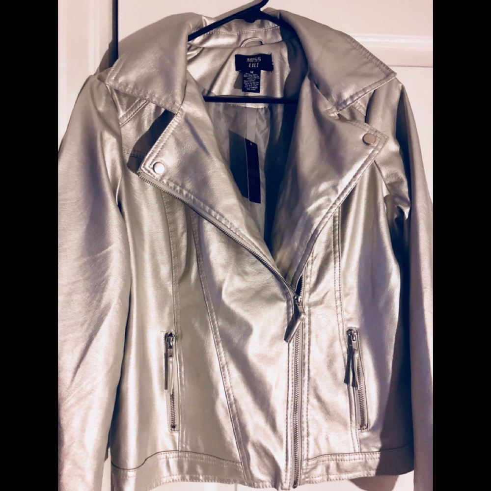 NEW!Silver Vegan Leather Jacket lightweight -Med.